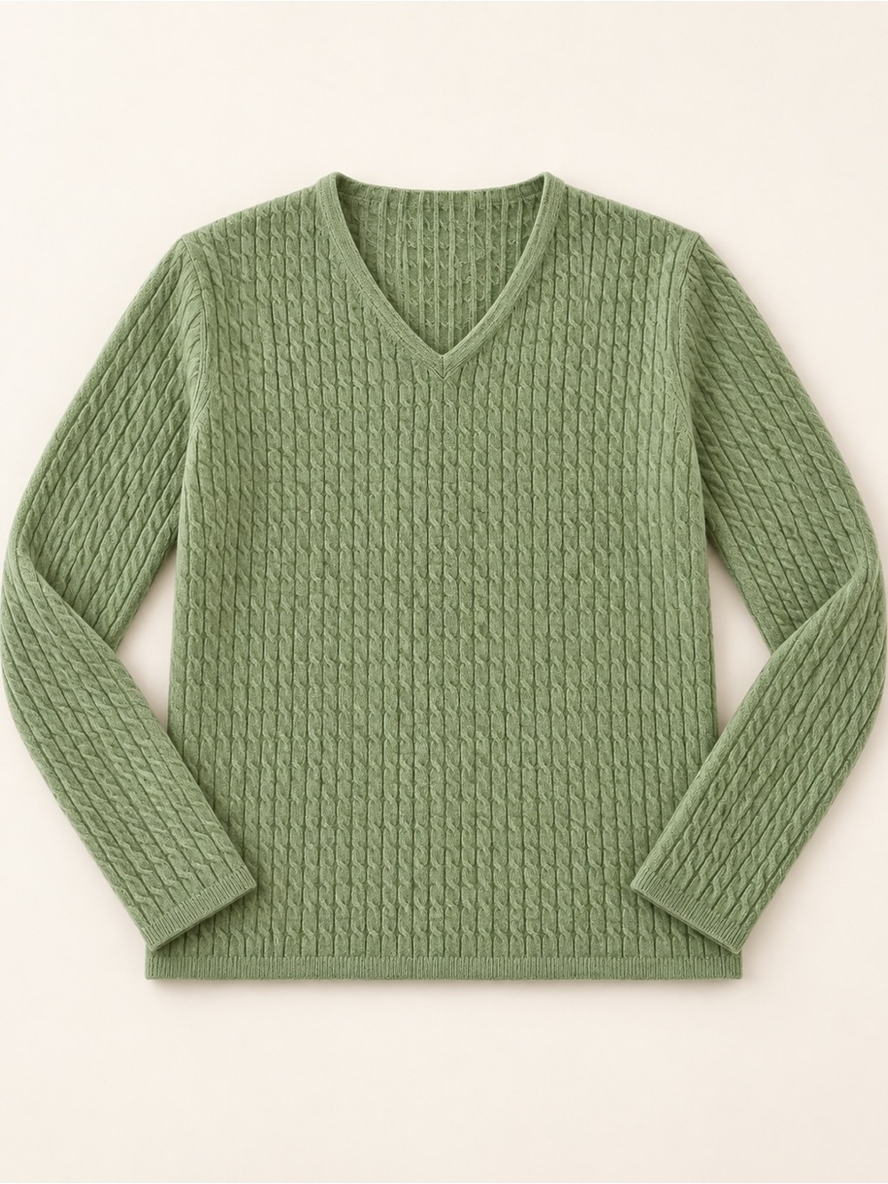 Cashmere Classic Cable V-Neck Sweater in Sage Green